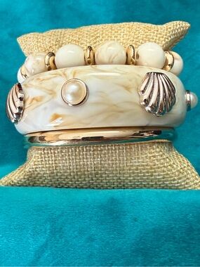 Neutral Marble Stack Bracelet Set with Gold Pearl Accents NEW
